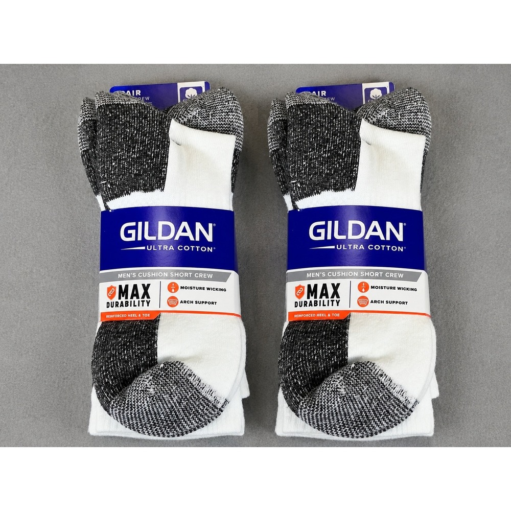 2 Pack Gildan Ultra Cotton Men Cushion Short Crew Socks 6-12 White Gray 6 PR NWT